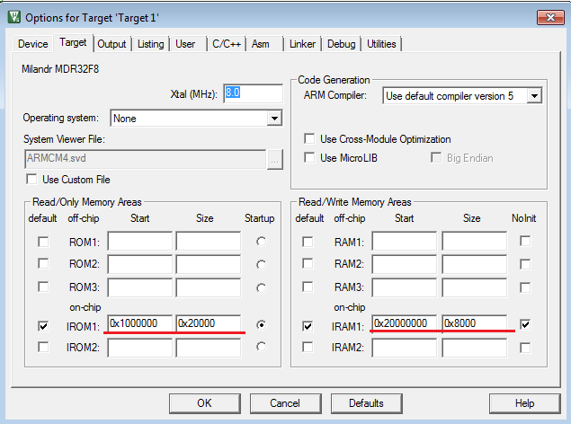 Project option. PTP start Milandr. Adjustment Prog start.